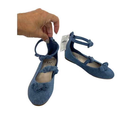 Gap Kids Girls Blue Fabric Chambray Shoes 13 Knot Bows Ankle Strap Zip Party - Picture 3 of 13